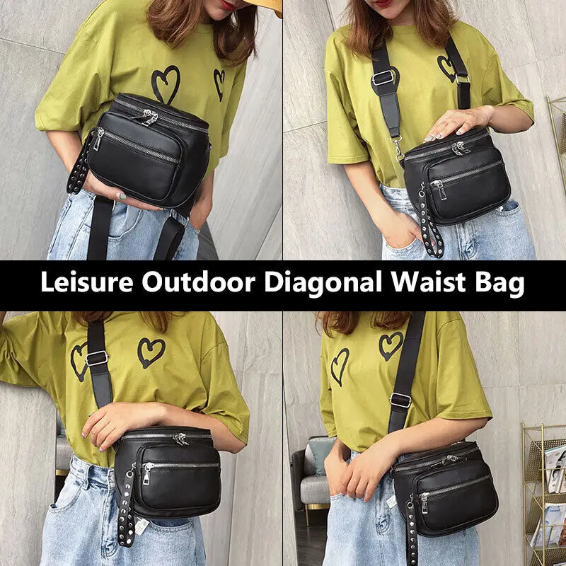 Women Multi-pocket Chest Waist Bag PU Leather Shoulder Messenger Handbag Purse Crossbody Black Tote Bag Two=zip Way