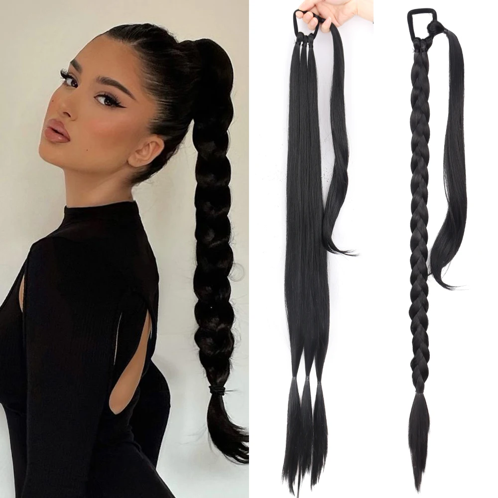 AZQUEEN Synthetic Long Braided Ponytail Hair Extension with Elastic Band Natural Black Brown Pony Tail Hairpiece For Women