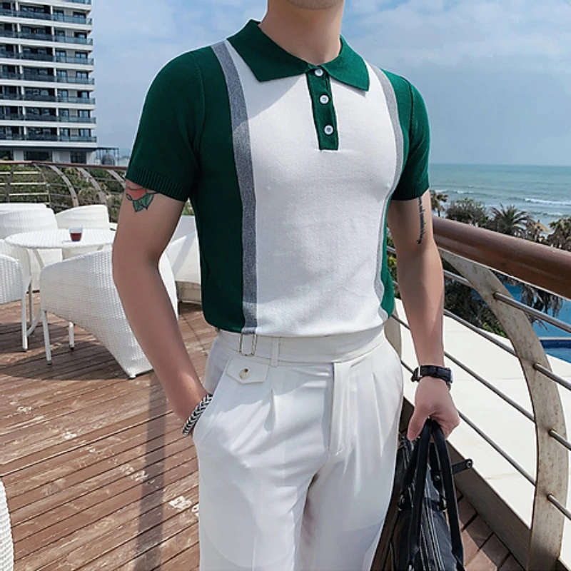 

Мужская шелковая футболка с коротким рукавом, летняя тонкая модная Корейская облегающая трикотажная Повседневная Высококачественная рубашка-поло контрастных цветов для молодежи