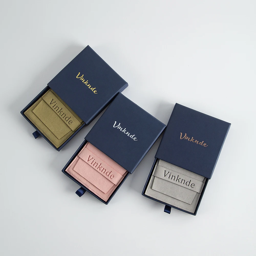 Blue Paper Box Custom Logo Jewelry Packaging Boxes Case Sliding Drawer Necklace Bracelet Organizer Box Gift Suede Bags Pouches