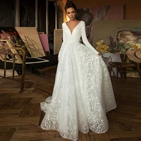 2022 lace aline wedding dress long sleeves v neck boho bridal dress satin backless wedding gowns vestido de noiva