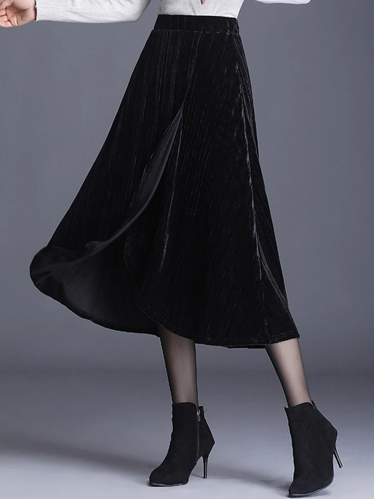 

Gold Velvet Skirt Women Front Split Large Size 5XL Fat Women 100kg Wear High Waist Pleated Skirt Autumn Female OL Bottom 2022