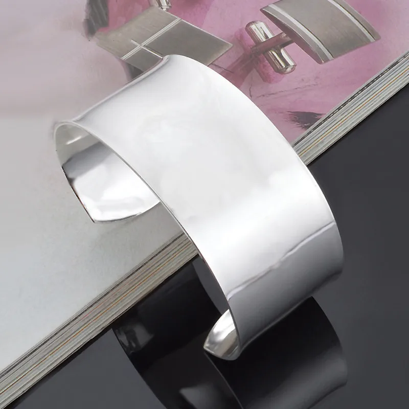 

925 Sterling Silver Smooth Open Big Bangles&Bracelet For Men Women Silver Jewelry