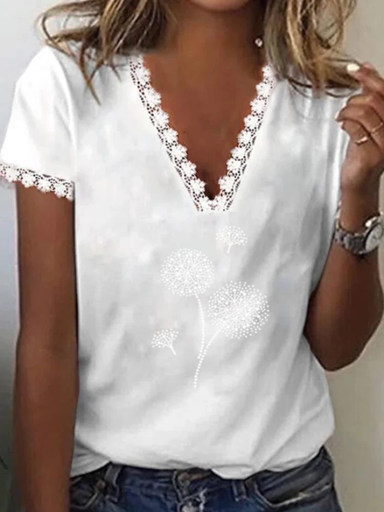 

Женская кружевная блузка с V-образным вырезом, с коротким рукавом