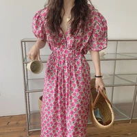 2022 summer korean style sweet floral dress womens v neck puff sleeve casual long dress pink chic elegant ladies clothes