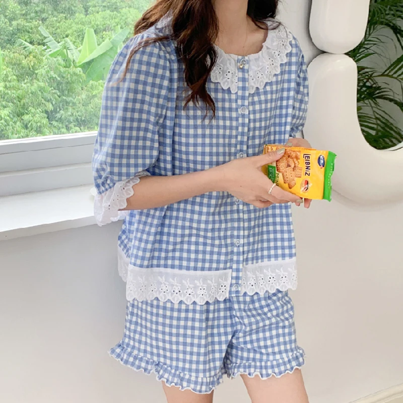 New summer pajamas women's round neck cotton wave shorts cardigan five-point sleeves Korean version sweet and cute home service