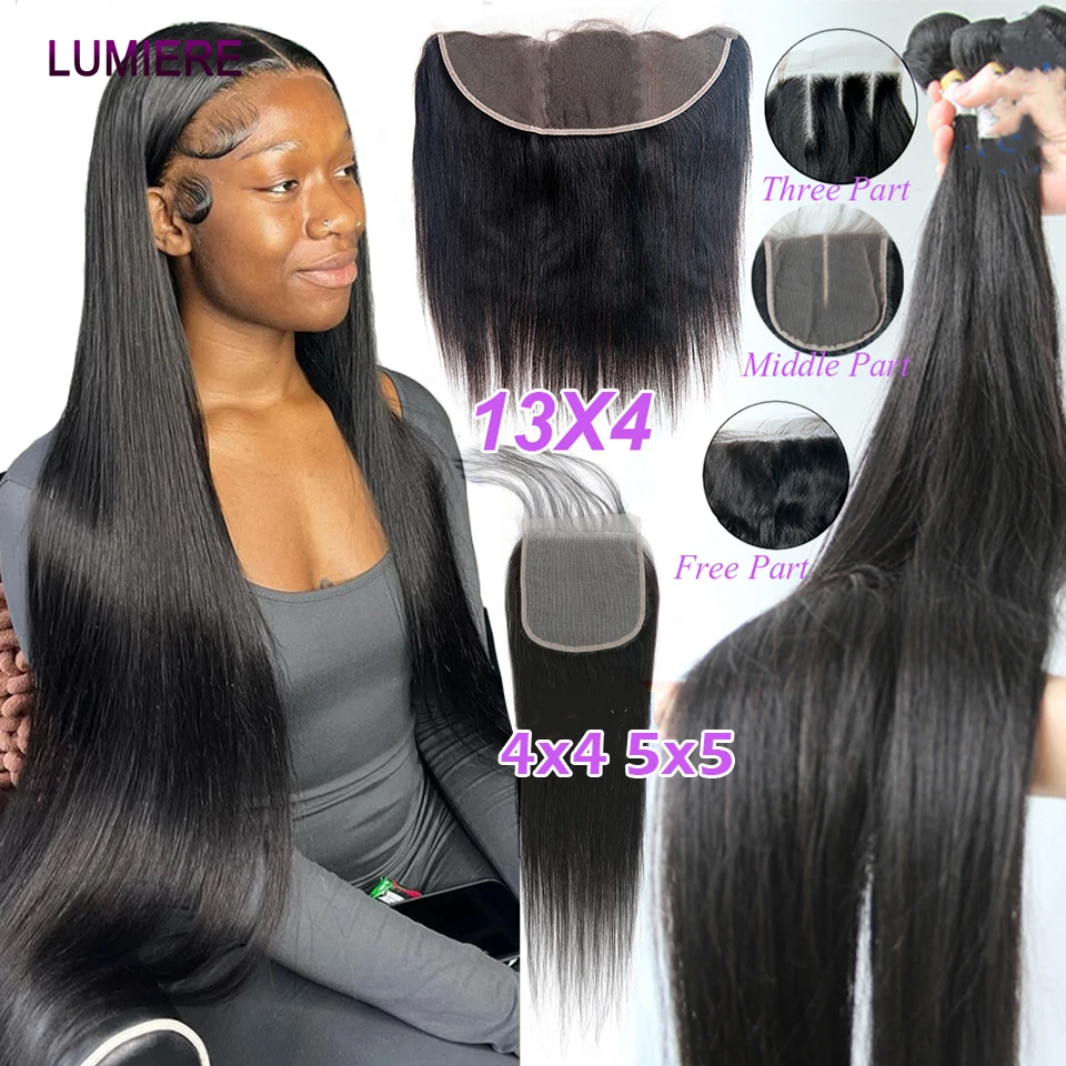 

38 40 inch Bone Straight Human Hair Bundles with Closure Peruvian Hair Weave Bundle With 6X6 HD Transparent Lace Closure Frontal