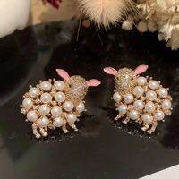 cute sheep earrings sweet cartoon pink ears beaming cartoon animal s925 silver needle pearl earring boucles doreilles oorbellen