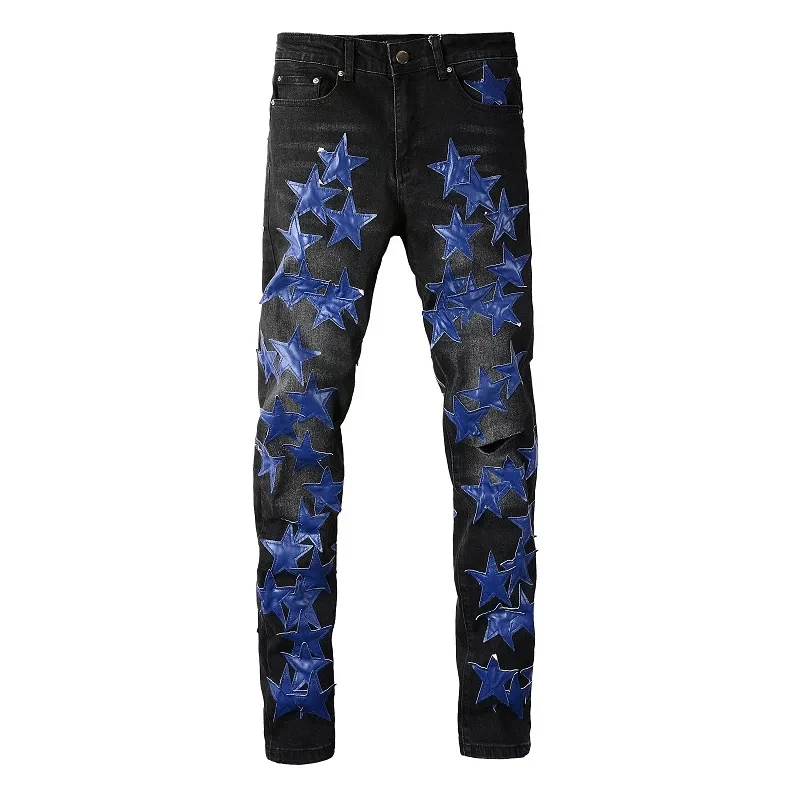 

New's Men's Slim Fit Streewear Fashion Light Indigo Distressed Skinny Stretch Embroidered Leather Stars Patchwork Ripped Jeans