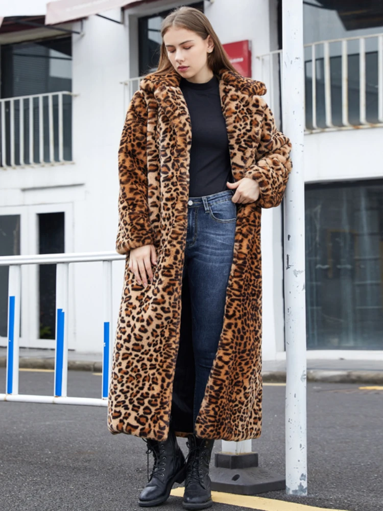 Fashion Leopard Print Faux Fur Long Coat for Women 2022 Winter Casual Warm Faux Rabbit Fur Plush Coats High Street Fuzzy Outwear