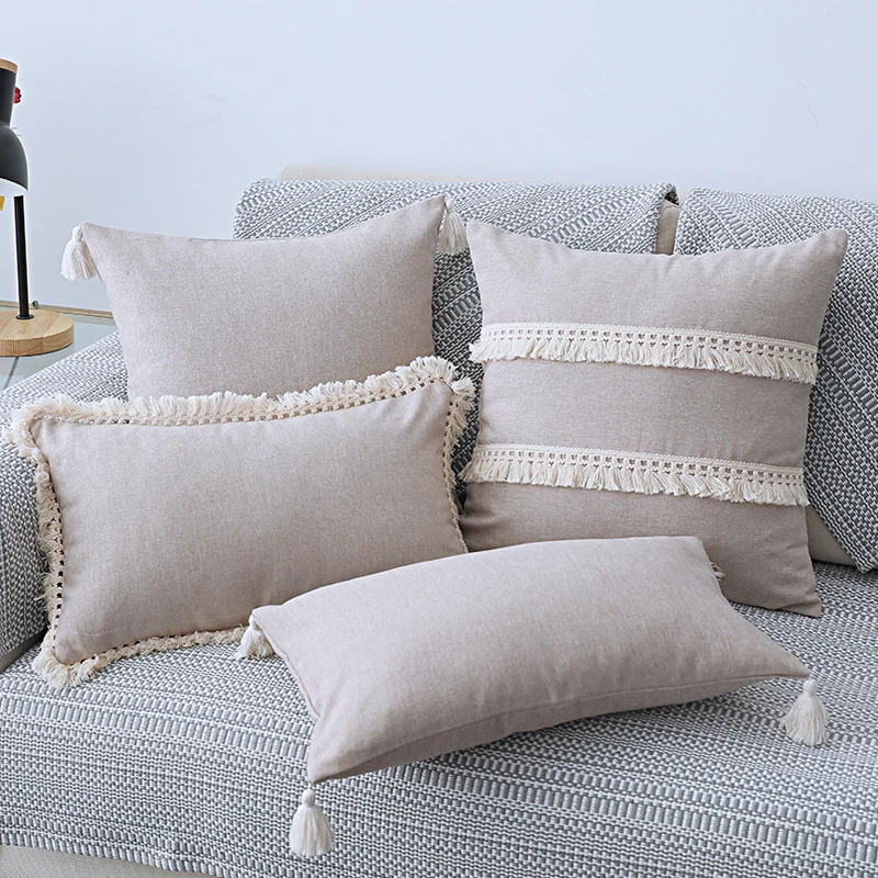 

Cotton Linen Cushion Cover 30x50cm/45x45cm Pillow Cover Beige Grey Blue Yellow Boho Style Tassles for Sofa BedHome Decorative