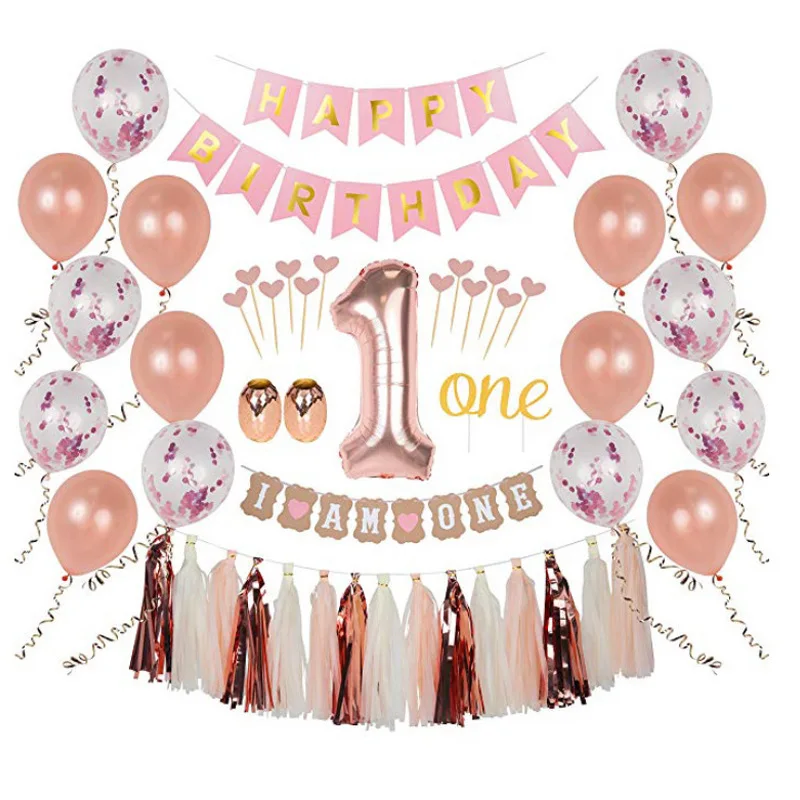 

Rose Gold Foil Number Balloon Confetti Latex Balloon 1st Birthday Party Decorations I Am One Banner Baby Girl Boy My 1 One Year