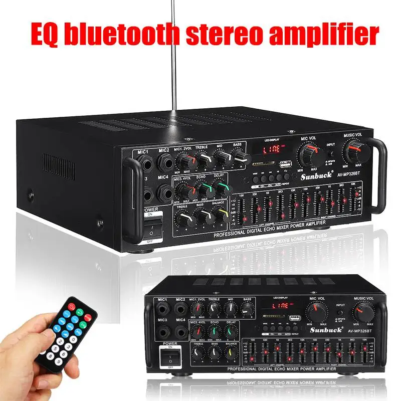 SUNBUCK 2000W 2CH 4ohm bluetooth Stereo Amplifier Wireless Hifi Audio Power Home Karaoke Car Amp USB EQ 4 MIC |