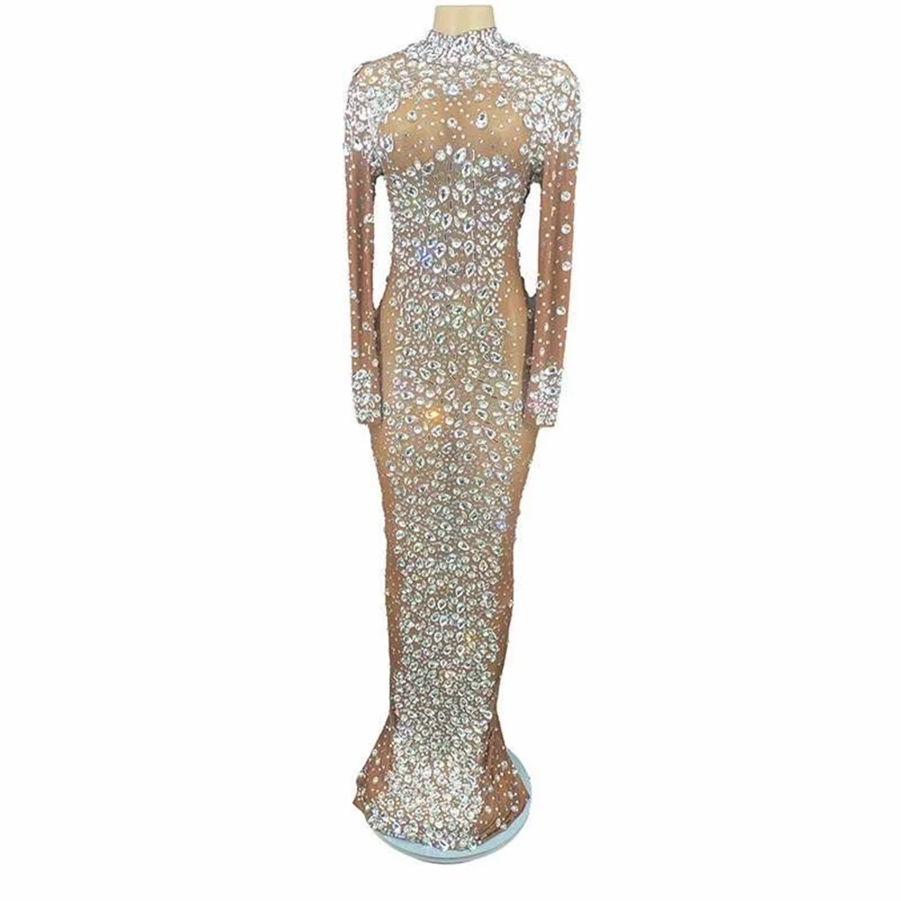 

Brown Shining Rhinestones Crystal Sexy Long Split Dress For Women Evening Party Cloth Stage Singer Costumes Prom Dance Wear