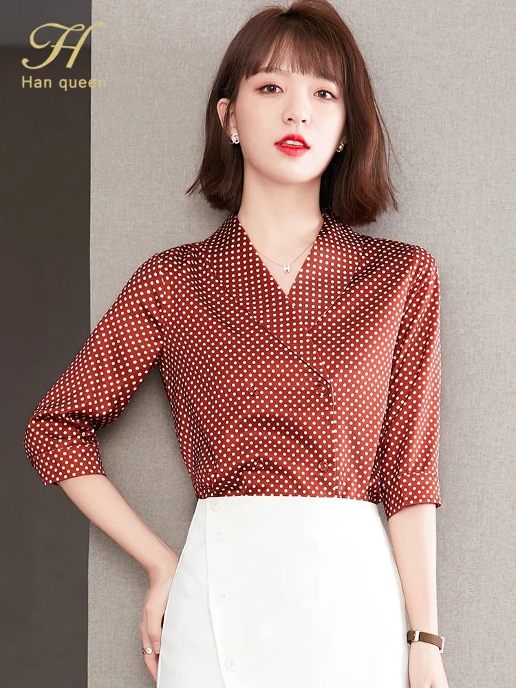 

H Han Queen Vintage Dots Office Lady Chiffon Blouse Female Shirt V-Neck Tops Double Breasted Casual Korean Women Loose Blouses