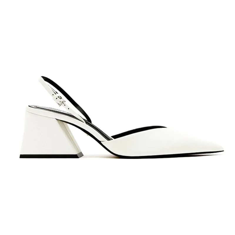 Womens Sandals 2023 Summer New Fashion Pointed Toe Sexy Ladies Shoes Slingback Mules White Leather Chunky Heel Women Pumps