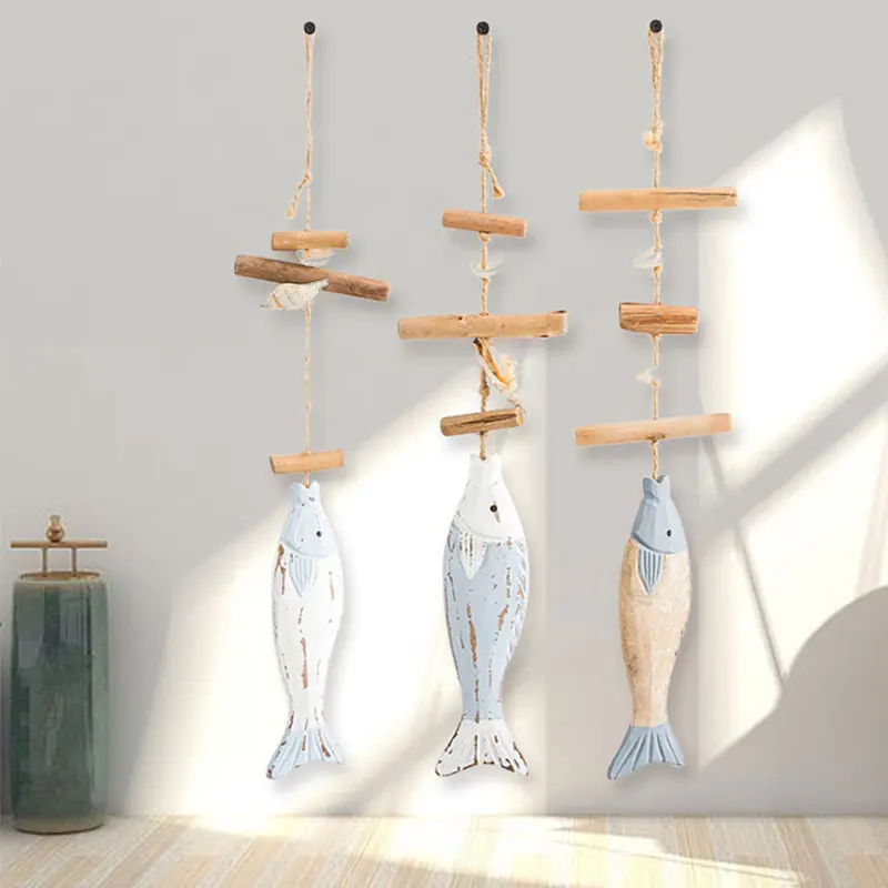 Handcraft Pine Wood Fish Home Wall Decoration Mediterranean Wall Art Coastal Wooden Bar Hanging Ornaments