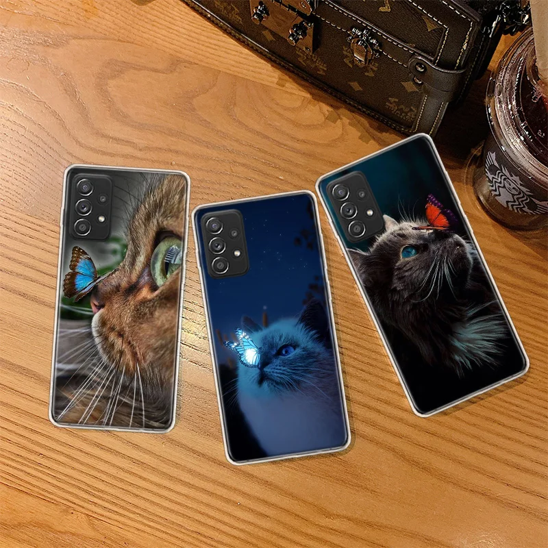 

Butterfly and cute cat Phone Case For Galaxy A02S A03S A12 A22 A32 A42 A52S A72 Samsung A13 A23 A33 A53 A73 A50S A70S A10S A20S