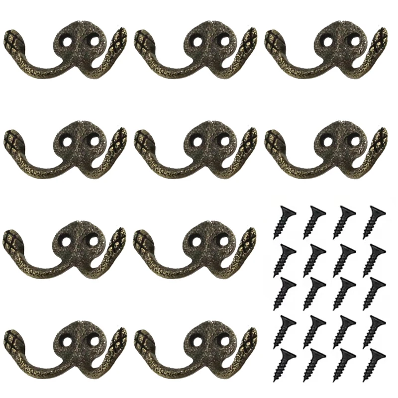 10 Units Alloy Coat Hook Bedroom Vintage Clothes Hanger Retro Room Door Wall Decoration Double Robe Hooks Brass with Screws |