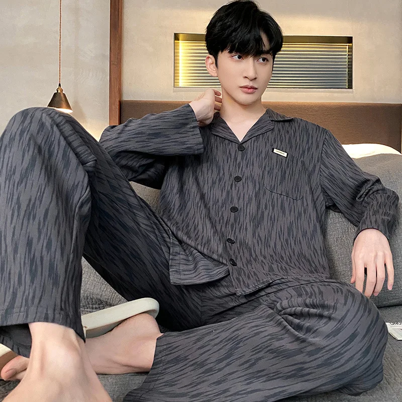 Cotton Pajama Suit Men Cardigan Tops + Trousers Pocket Spring Autumn Long Sleeve Youth Loose House Nightshirt Pant Suit Homewear