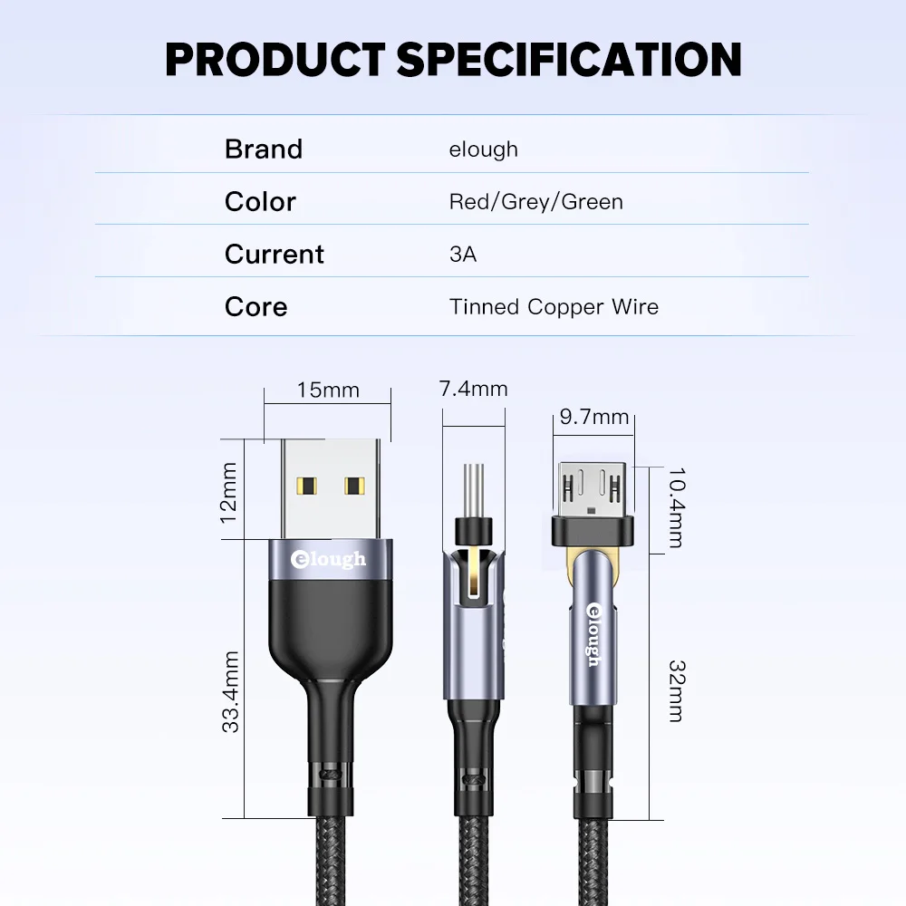 Elough 180 Rotate Type C Cable Micro USB Fast Charging Mobile Phone Android Charger Type-C Data Cord For Xiaomi Redmi Poco X3 M3 | Мобильные