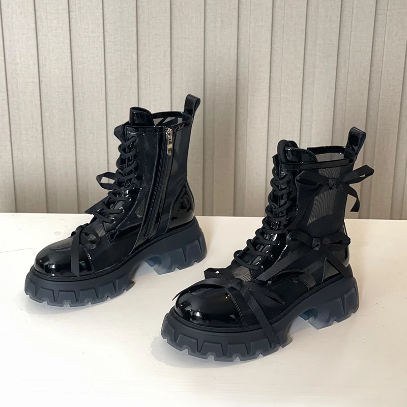 

Summer thick-heeled boots, thick-soled women's models, 2022 new all-match breathable short boots, hollow mesh boots, bow