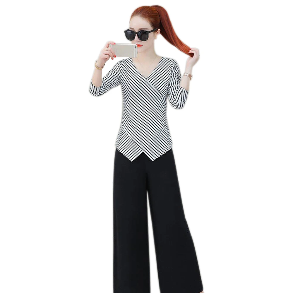 

Autumn Irregular Long Sleeves Cross Women Blouse V-Neck Striped Slim Fit Tops for Women Holiday Birthday Gift
