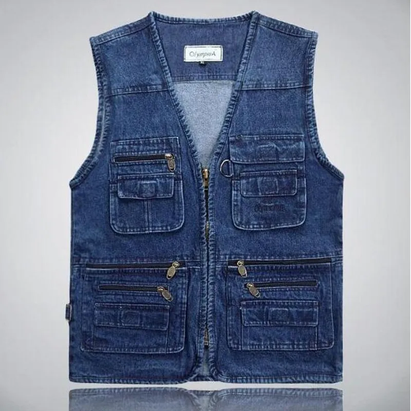 

Male Denim Vests Men Vest Mens Outdoors Cotton Multi Pocket Sleevless Jacket