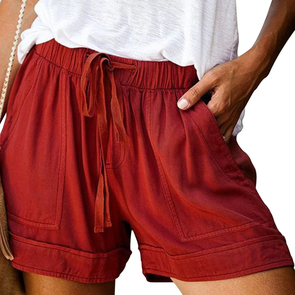 

Women Shorts Drawstring Polyester Workout Loose Streetwear Summer Casual Beach With Pockets Wide Leg Ladies Elastic Waist Solid