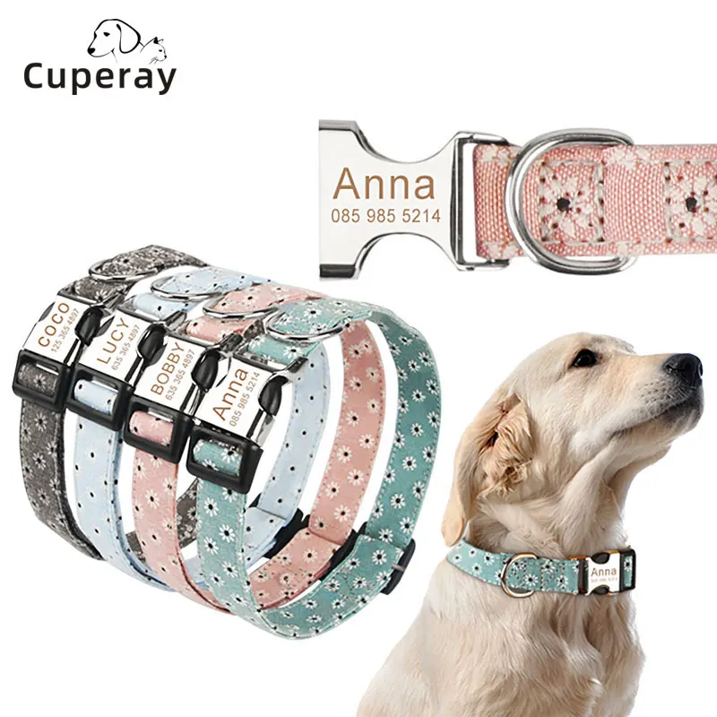 

Customized Dog Collar, Adjustable Small Medium Large, Cute Girl Female Summer Spring Pretty Designer Puppy, Floral White Daisy