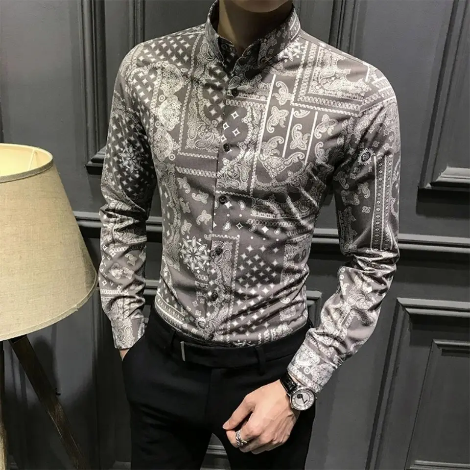 Men's new handsome floral shirt in spring and autumn Korean fashion personality long sleeve printed shirt casual slim jacket