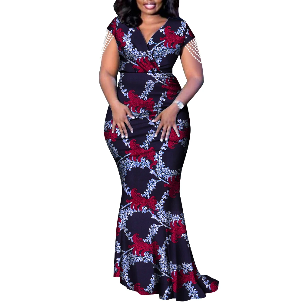 Африканский стиль элегантных вечерних платьев Ankara Fashion с цветочным принтом, V-образным вырезом, складками, жемчужной отделкой и нарядом Dashiki WY9198.