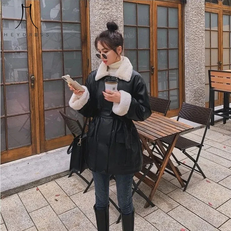 Autumn and Winter Jacket New Style Plush Leather Jacket Women's Mid-length Black Thick Motorcycle Jacket Waist Loose Coat Women