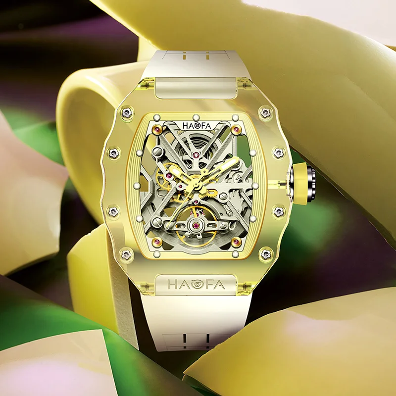 Haofa Crystal Механические часы для мужчин Роскошные прозрачные наручные со скелетом