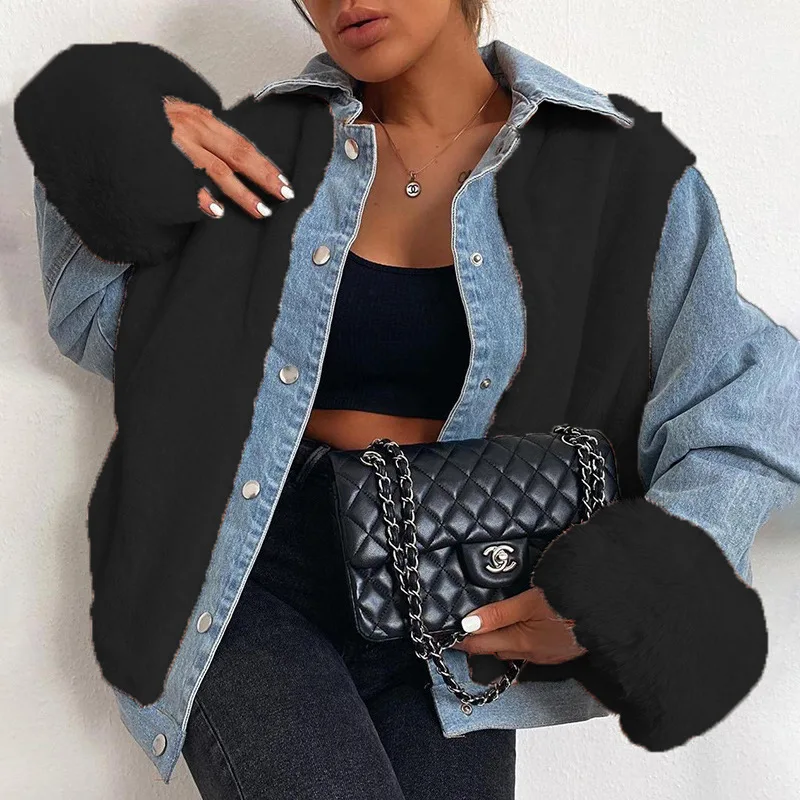 

Autumn and Winter Casual 2021 Denim Stitching Woolen Warm Jacket Jacket Long-sleeved Lapel Single-breasted New Women's Clothing