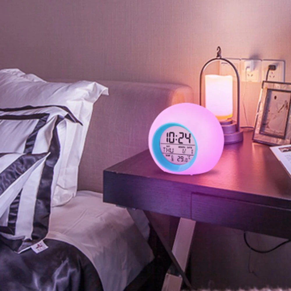 

7 Colors Changing LED Display Timer Digital Round Alarm Clock Temperature