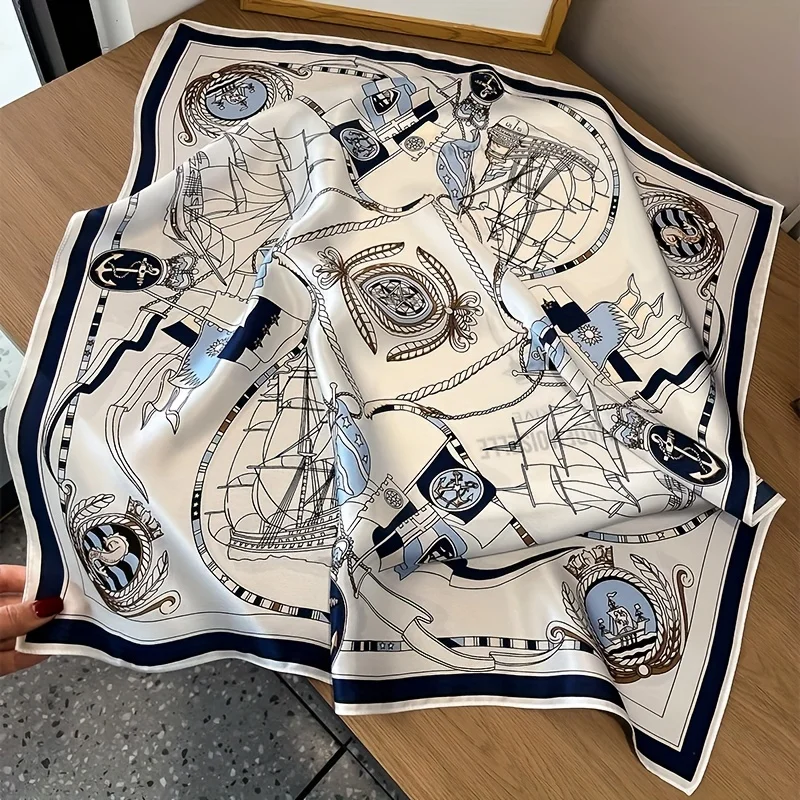 Роскошный большой квадратный шарф с морским принтом тонкий дышащий шелковистый