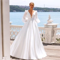 simple satin wedding dresses for women 2022 bride deep v neck backless long sleeve bridal gowns vestidos novias boda