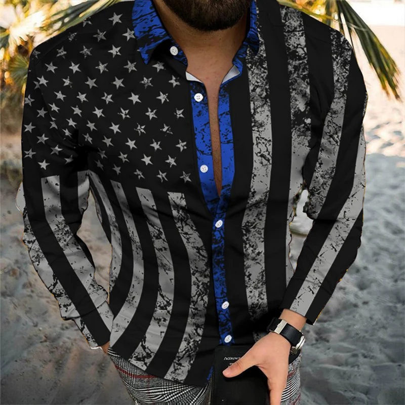 Fashion Men Shirt Turn-down Collar Button Casual Shirts Plaid Contrast Color Print Long Sleeve Tops Mens Clothes Hawaii Cardigan