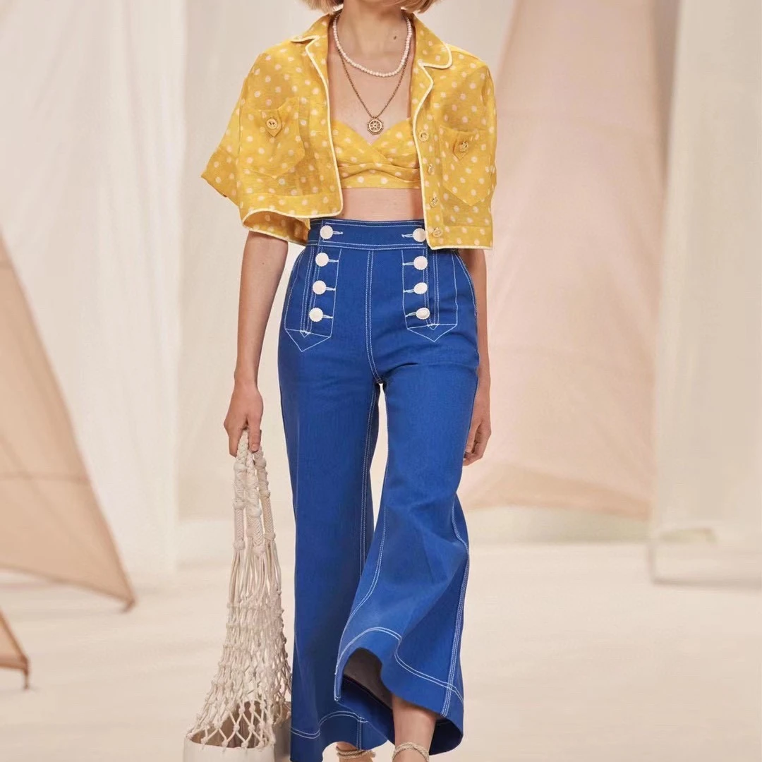 

2023 Vintage New Spring Summer High Quality Yellow Polka Dot Bra Top Shirt Blue Buttons Flare Midi Pants Set Woman