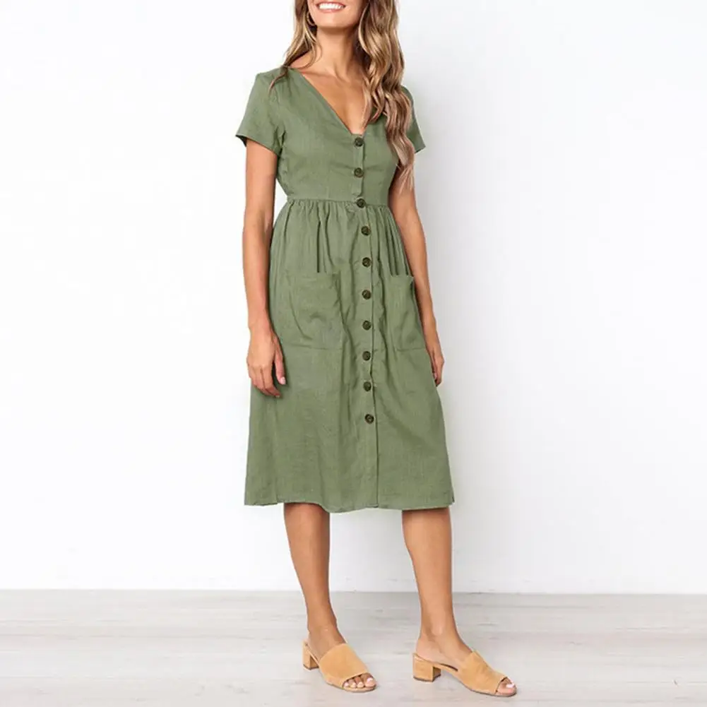 

Knee Length Buttons Slim Fashion V-neck Dress Pocket Beachwear A-line Women Party Beachwear