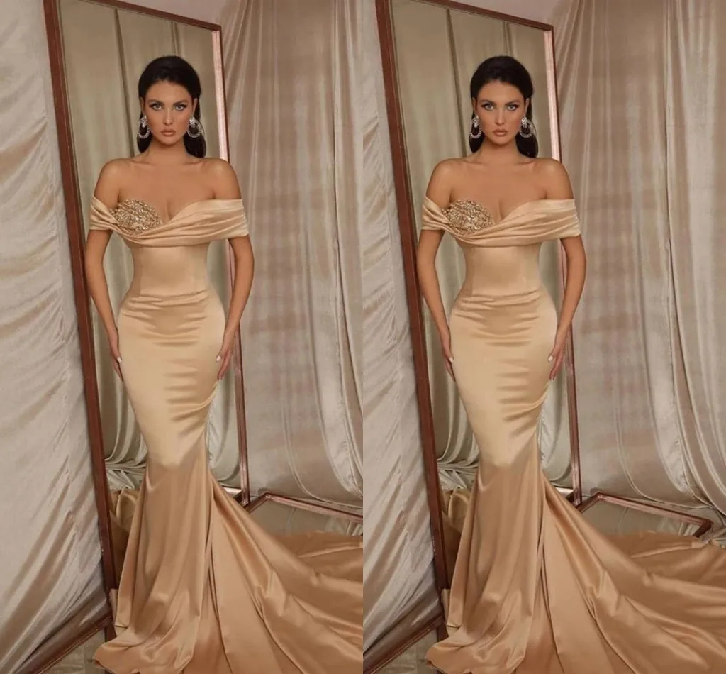 

Arabic Dubai Sparkly Sexy Champagne Mermaid Evening Dresses Off Shoulder Satin Beaded Court Train Formal Prom Gowns