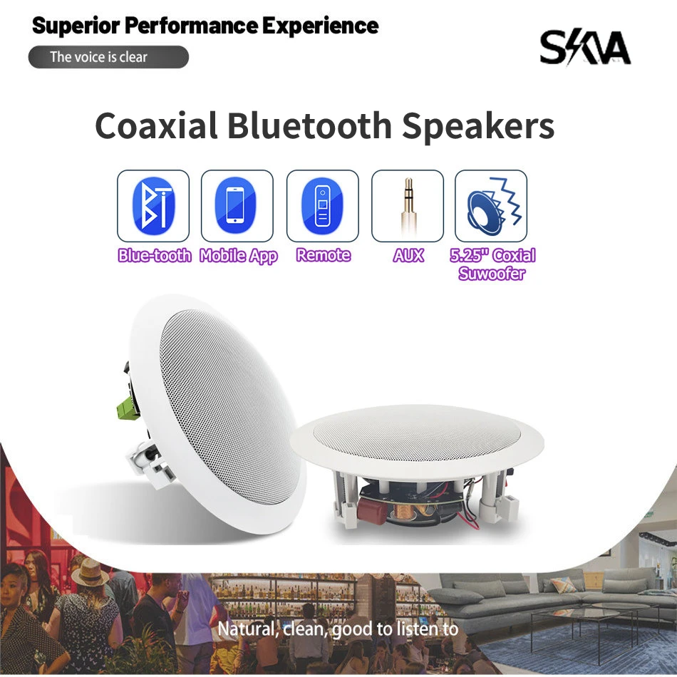 

5.25 Inch In-ceiling Speaker Bluetooth Wireless System 1 Pair Smart Home with Amplifier 20W Round In Wall Coaxial Loudspeaker