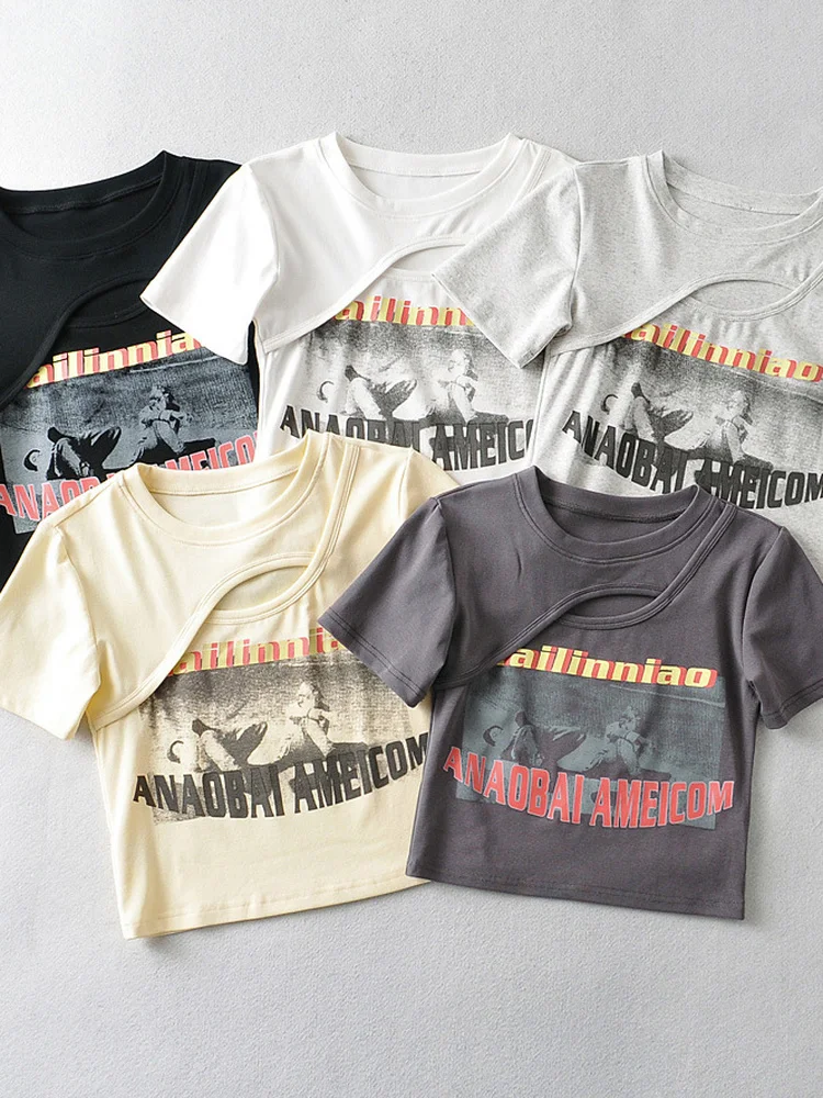 

Vintage Printed Y2K Crop Top 2022 New Summer Cut Out Slim T-shirt Fairy Grunge Women Casual Gray Short Sleeve Tee Cotton Tops