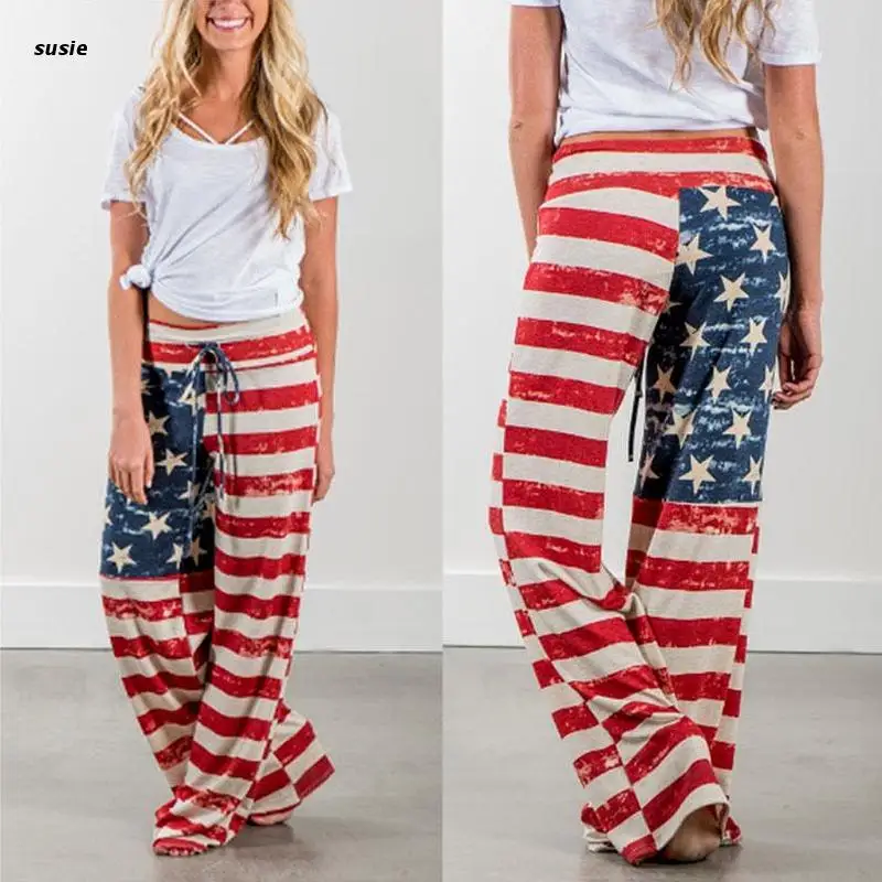 

X7YA Women Loose American Flag Drawstring Vintage Striped Patchwork Printed Wide Leg Long Pants