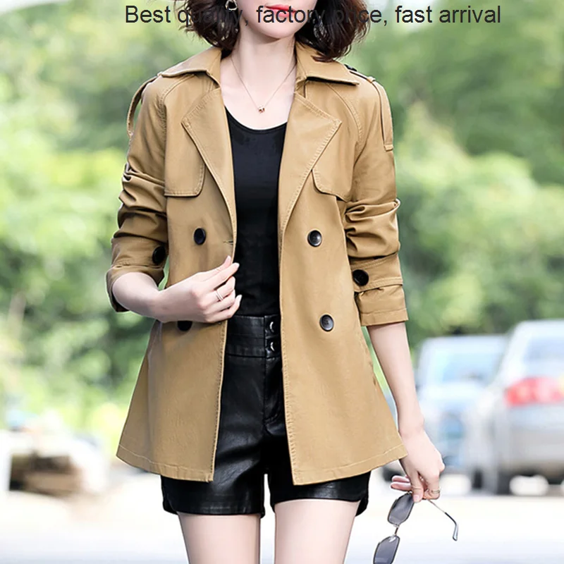 High quality luxury brand Sheepskin Windbreaker Coat Women's Middle and Long Spring Korean Casual Double Breasted Waist Office L