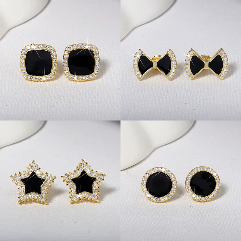 

DIWENFU 14K Gold Jewelry Real Obsidian Stud Earring for Women Aros Mujer Oreja Orecchini 14K Gold Earring Black Topaz Jewelry