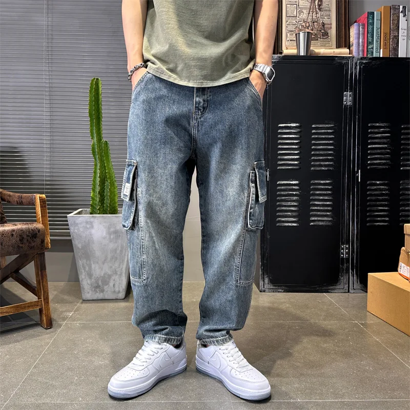 Streetwear Fashion Men Jeans Loose Fit Spliced Designer Multi Pockets Casual Denim Harem Jeans Men Hip Hop Wide Leg Pants Hombre