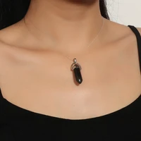 bullet head black agate natural stone womens gem hexagonal column pendant necklace