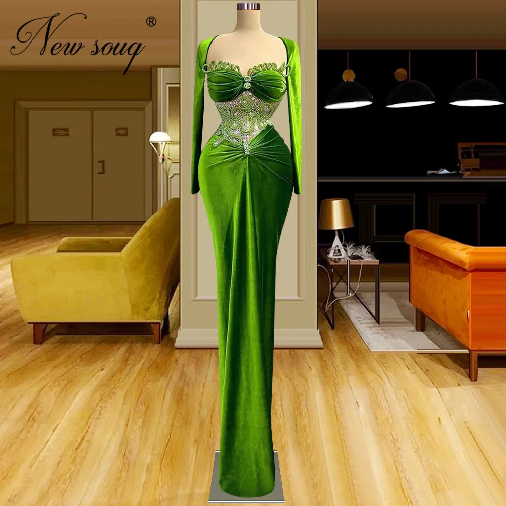 Emerald Green Long Sleeves Evening Dresses Middle East Mermaid Beaded Prom Party Gowns Couture Celebrity Dress Vestidos De Mujer
